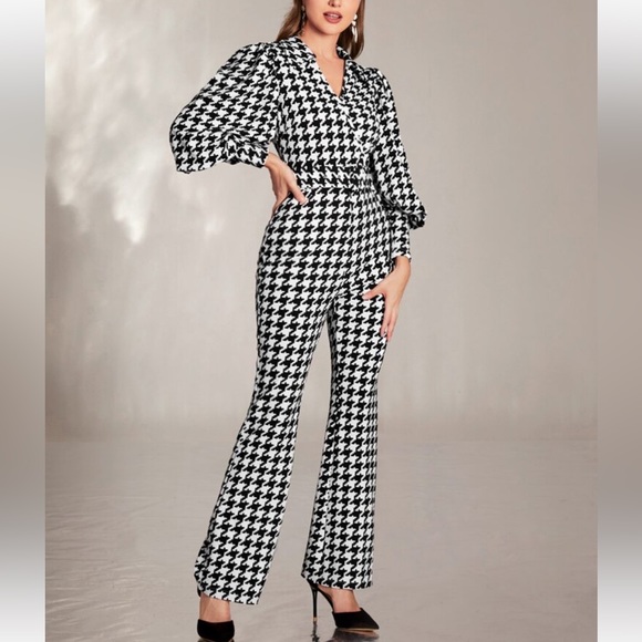 Classic Houndstooth Puffed Cuffed Long Sleeve Collar Belted Jumpsuit Flare Pants - Picture 2 of 6